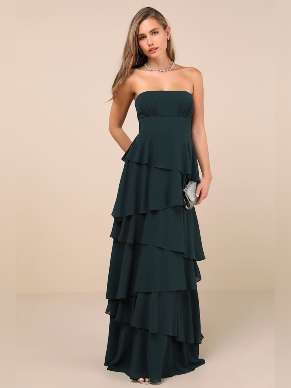 Lulus Strapless Tiered Ruffle Evening Gown in Deep Green New with Tags Medium‎